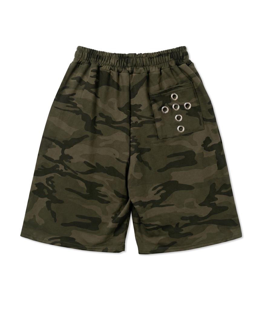 FUZZY SCAN Camo Cross Eyelet Bermuda Pants Dark Khaki