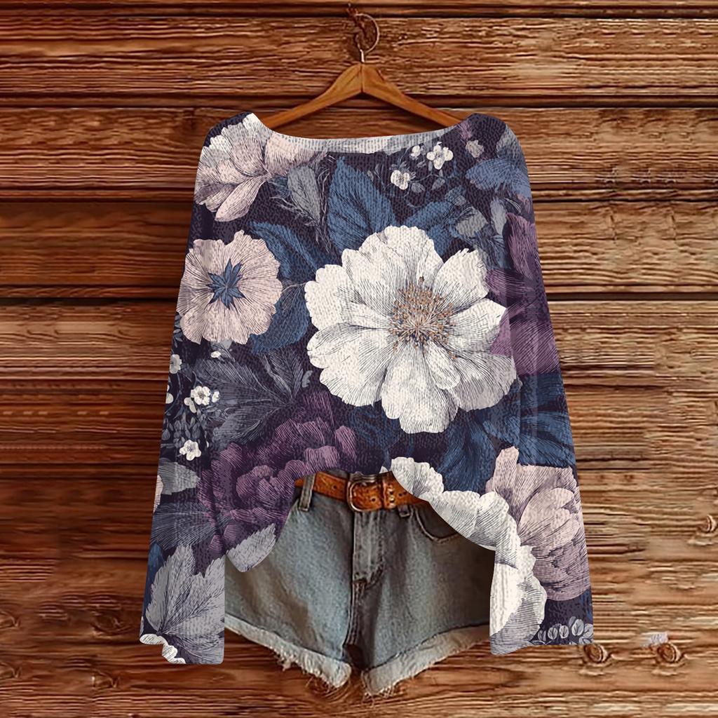 Женский легкий свитер повседневный с длинным рукавом вязаный винтажный с цветочным принтом пуловер