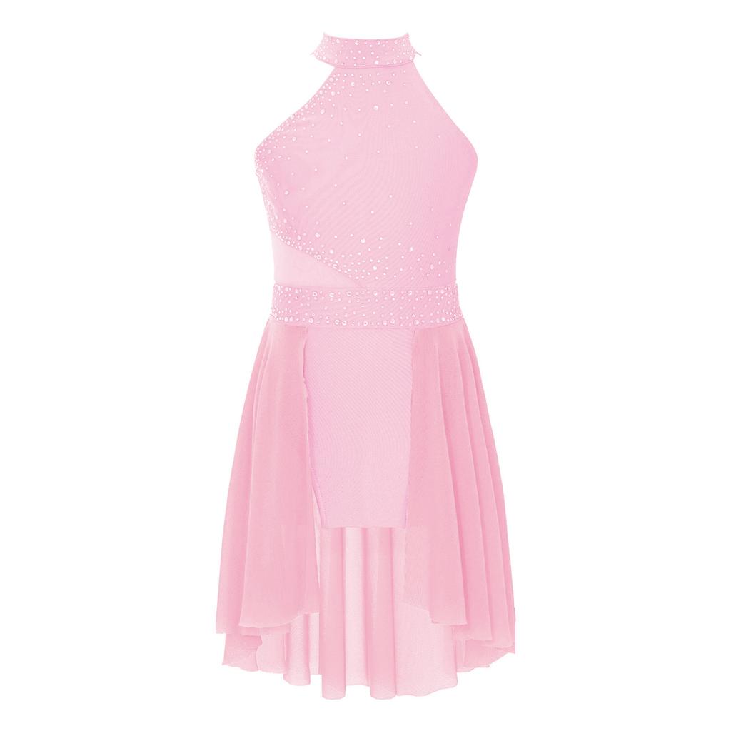 Girls Glittery Lyrical Dance Dress - Rhinestone Decor & Irregular Hem for Stage Performances