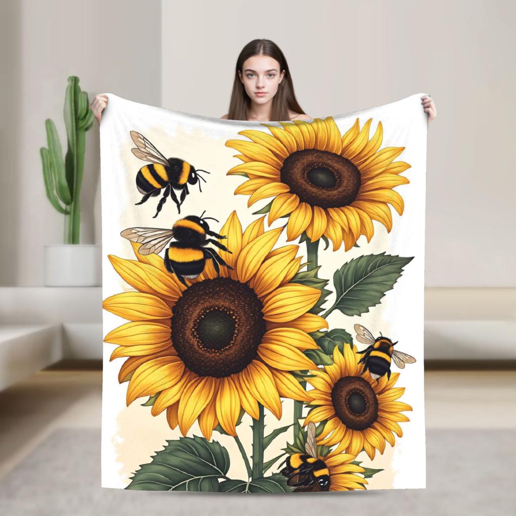 Bee and Flowers Blanket Adults Girls Flannel Throw Blanket For Chair Sofa Bed Warm Soft Custom Quality Bedspread Gift