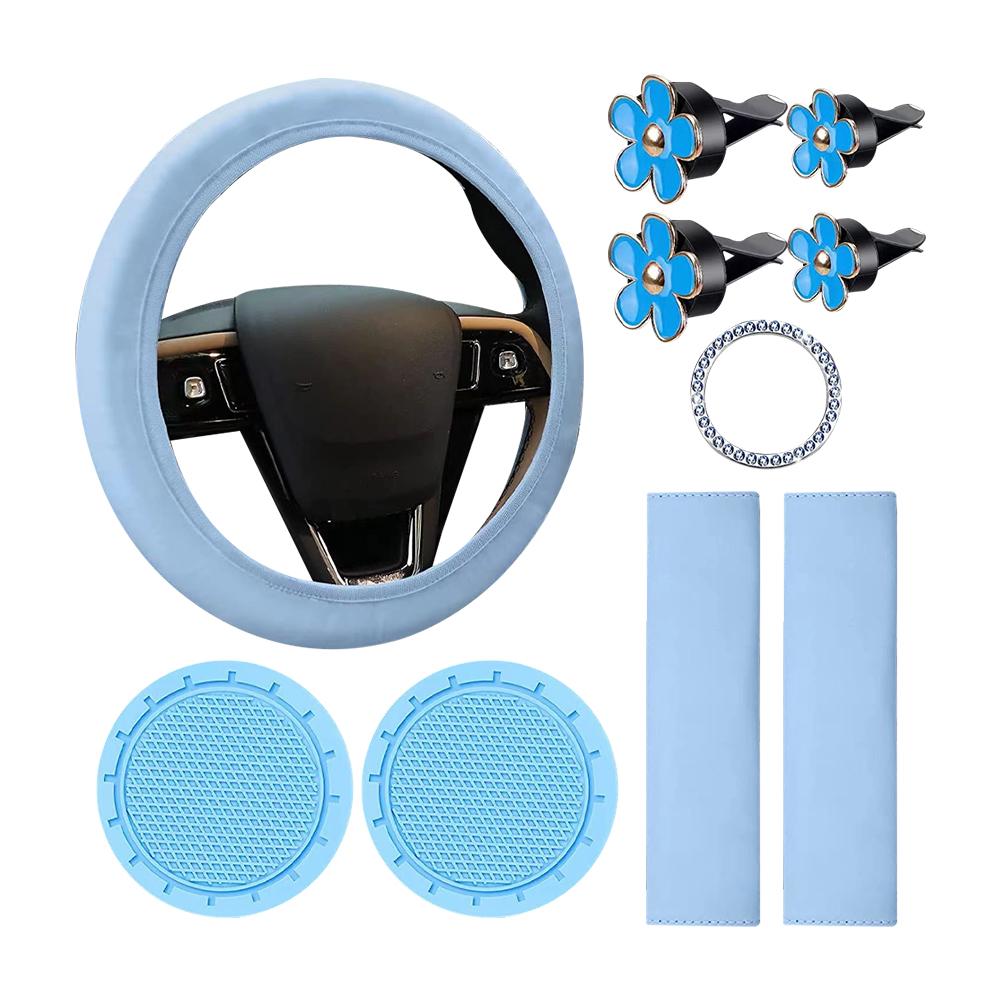 10 шт. кожаный чехол на руль для женщин, симпатичные автомобильные аксессуары, набор с ремнем безопасности, подплечниками, подстаканниками, украшениями для автомобиля