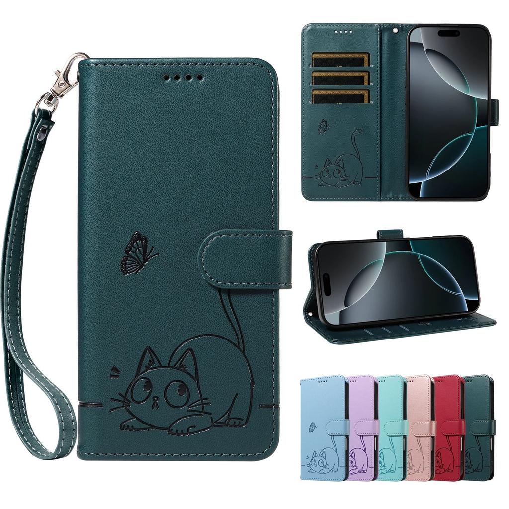 Leather Wallet Flip Case For OPPO Reno 15 Pro Max mini 15F 14 14F 13 13F 12 12F 11 11F 10 Cat and Butterfly Embossed,Wrist Strap