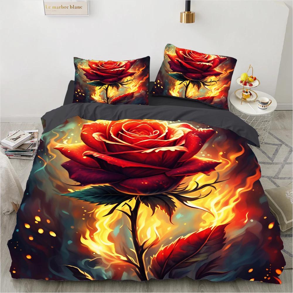 Комплект пододеяльника с красными розами размера Queen King Full 3D Комплекты постельного белья Цветочная наволочка Чехол для одеяла/пододеяльника Наборы постельного белья Постельное белье Кровать 140x200