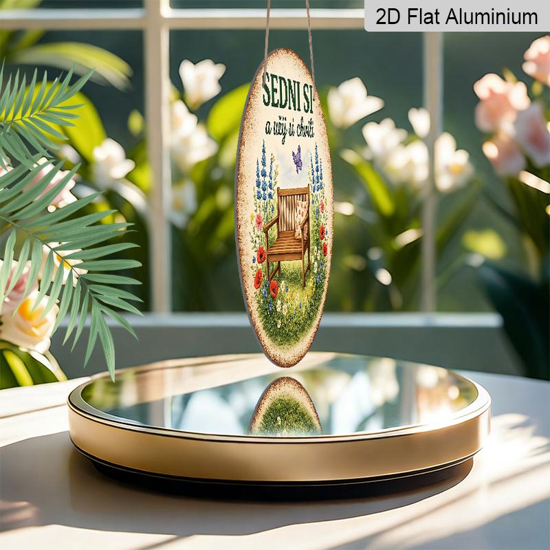 2D Flat - 1pc Round Aluminum Metal Sign, Vintage Plaque about "Sit Down And Enjoy The Moment", "Garden Bench Butterfly Flowers" Decorative Sign