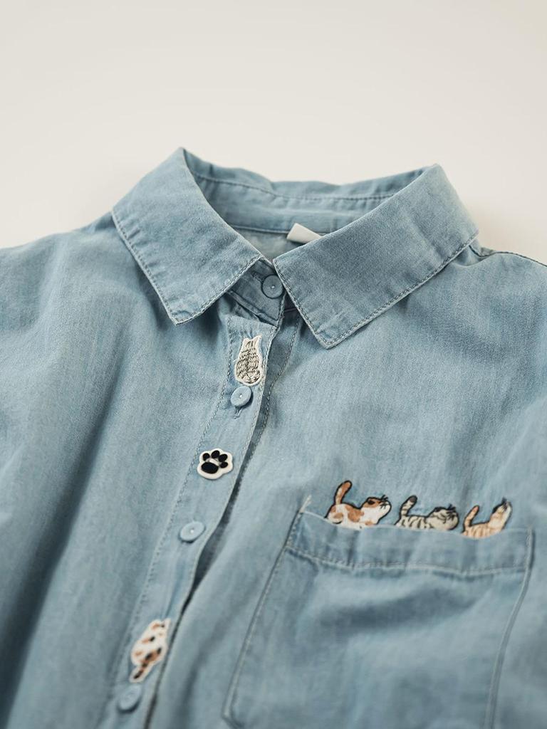 Женская ретро джинсовая рубашка с вышивкой в стиле мультфильмов - Хлопок, с длинным рукавом, повседневный топ на весну/осень 2025