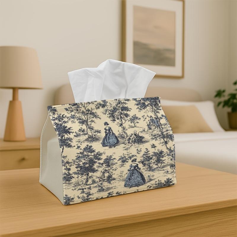 1pc Vintage European Classic Tissue Holder Featuring a Pastoral Figure in Toile Blue Fabric, Perfect for Organizing Napkins in The Kitchen Or Car. Thi