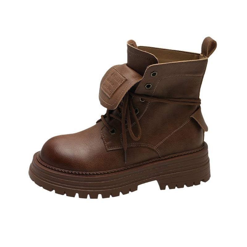 Ботинки Мартин на толстой подошве короткие кожаные женские 2024 новые полированные ретро небольшие с увеличением роста короткие осенне-зимние ботинки цвета ревеня