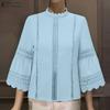 Women Casual Round Neck 3/4 Sleeve Lace Patchwork Hollow Blouse
