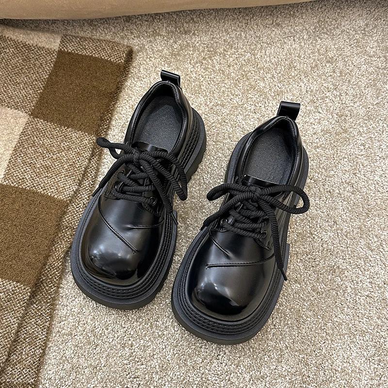 Spring New Thick Heel Single Shoes Women's Fashion Round Head Deep Mouth Front Lacing Thick Soles Non-slip Loafers