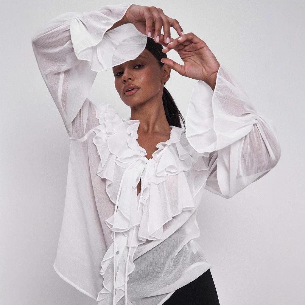 Стильная европейская и американская блузка с завязками, пышными рукавами и оборками, V-образным вырезом - однотонный женский весенний топ