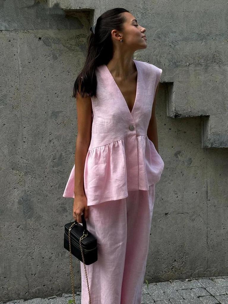 2025 Women's Solid Color Cotton V-neck Sleeveless Top & Long Pants Two-Piece Set – European and American Style