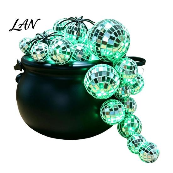 Halloween Tabletop Accents Disco Bubbling Witch Cauldron Kit, Kettle with 40 Balls 2 Creative Display Light Strings Spider Webs Fake 100 Adhesive Dots