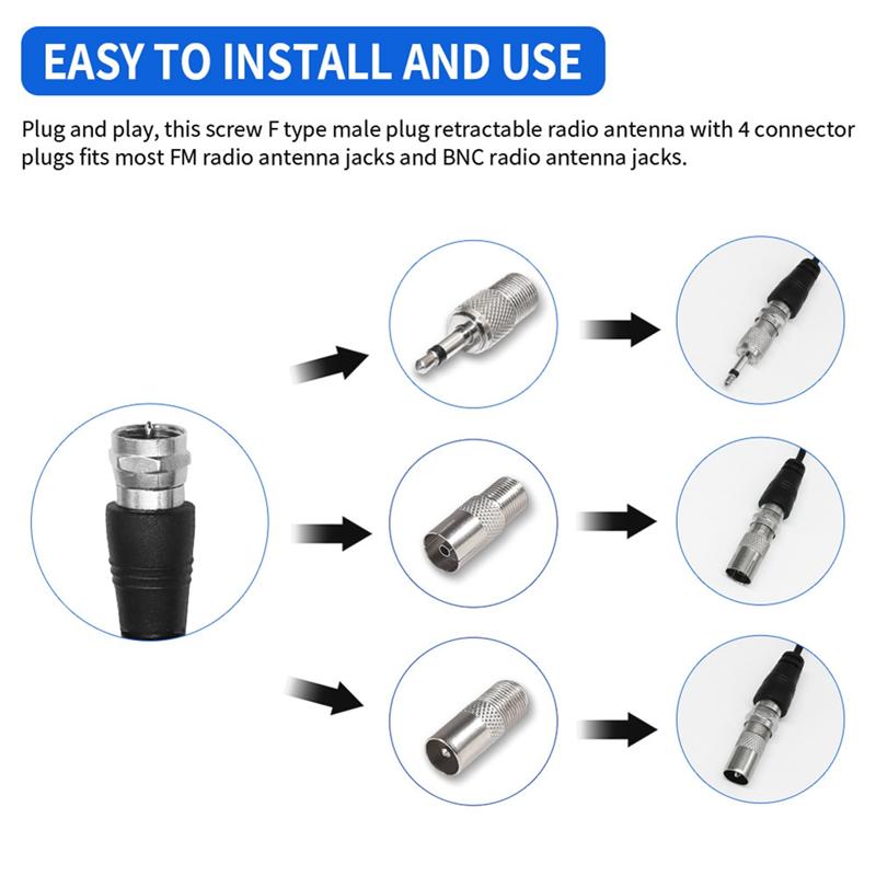 ABUO-High Gains FM Telescopic Antennas DAB FM Antennas Indoor FM Radio Antennas With 3 Adapter For Household Digital FM Radio