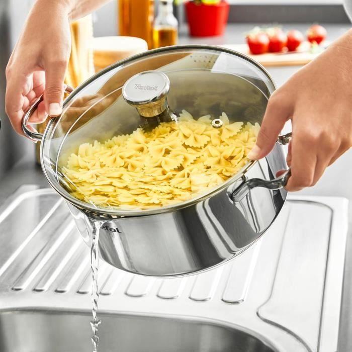 Faitout - tefal - duetto a7054663 - acier inoxydable 18/10 - 24 cm - couvercle filtrant en verre