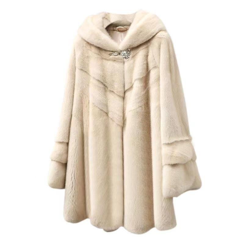 Новая женская модная шуба Haining из искусственной норки, женская шуба из искусственной цельной норки средней и длинной длины с капюшоном