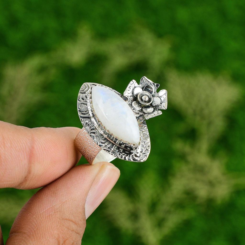 Multi Stone Flower Ring Size 8.25 925 Silver Natural Rainbow Moonstone