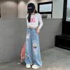 Girls Blue Cartoon Print Elastic Waist-Slimming Denim Pants Jeans Spring Fashion Children Cute Wide Leg Pants