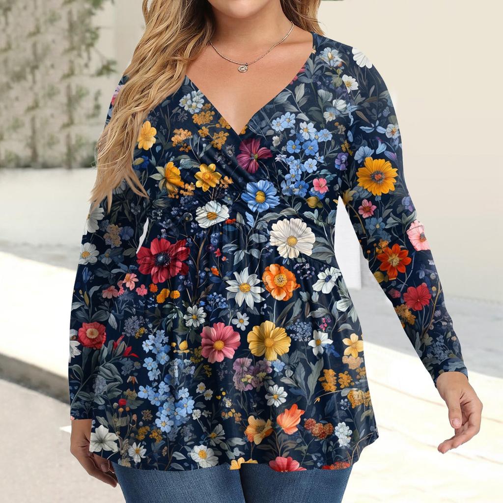 Женская рубашка большого размера с длинным рукавом, принт, плиссированный повседневный топ с V-образным вырезом