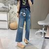 Ripped fat mm versatile jeans women's spring and summer large size rough edge straight pants high waist and thin wide leg cropped pants