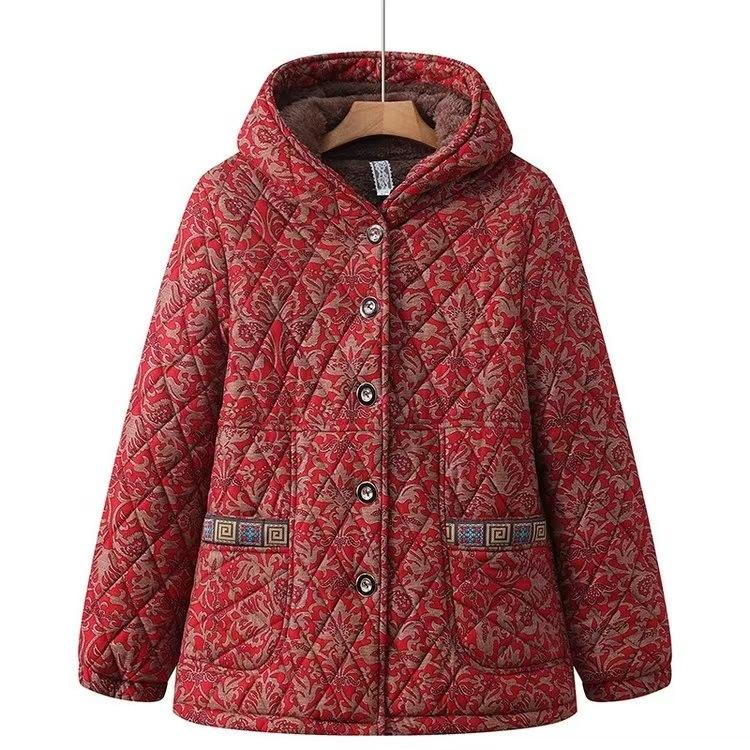 Осенне-зимняя куртка с хлопковой подкладкой, теплая куртка с капюшоном и цветочным принтом, женская зимняя куртка с толстой бархатной подкладкой из хлопка