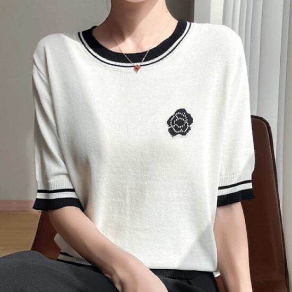 Navava Women Color Block Flower ShorT Sleeve KniT T Nk2929