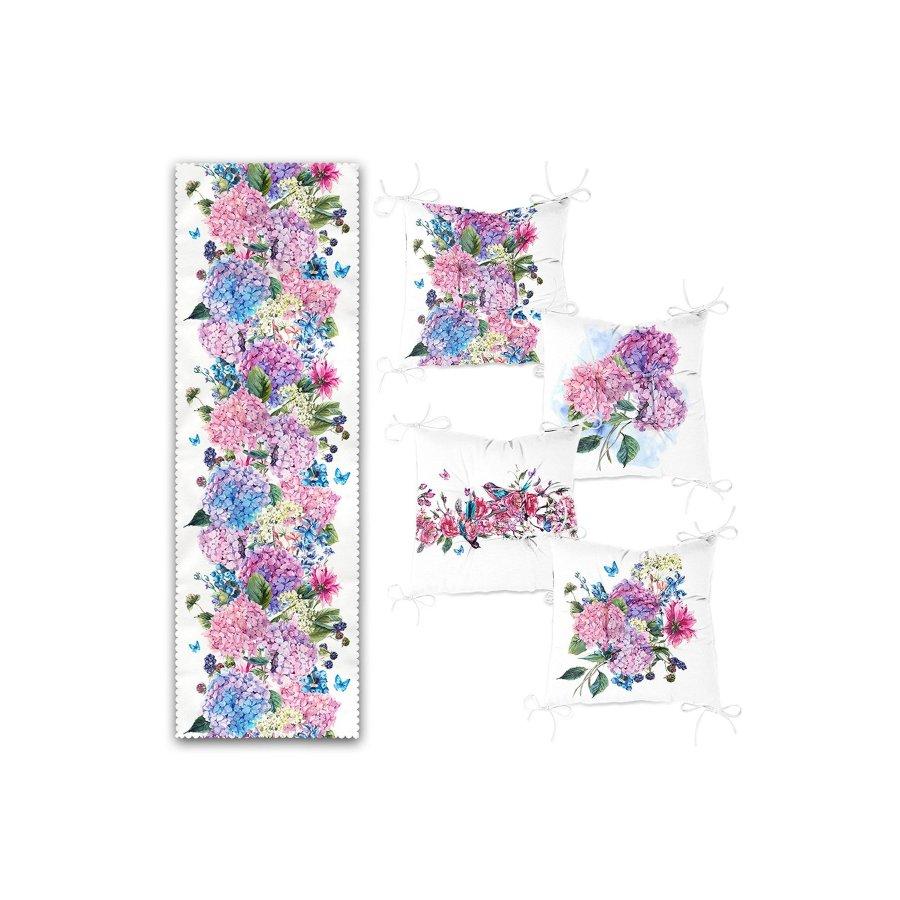 Набор подушек для стула с принтом «Цветы гортензии» / 4 квадратных подушки для стула 40 × 40 см и 1 дорожка