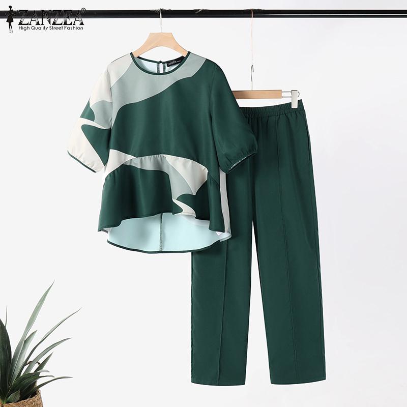 ZANZEA Женский винтажный круглый вырез с коротким рукавом и принтом, топ и брюки