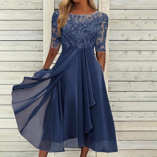 Женское платье миди с цветочным кружевом, летнее шифоновое платье-халат с круглым вырезом, длинное коктейльное вечернее платье для гостей на свадьбе, подружек невесты