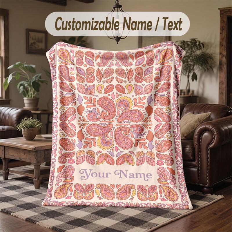 Floral Paisley Theme Throw Blanket Custom Name Text Personalized Blanket Soft Cozy Blanket for Home Sofa Bed
