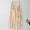Heavy Industry Embroidery Coffee Break Cotton and Linen Dress Women's Retro Casual Lace-up Waist Round Neck Seven-quarter Sleeve Long Skirt