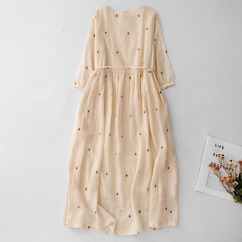 Heavy Industry Embroidery Coffee Break Cotton and Linen Dress Women's Retro Casual Lace-up Waist Round Neck Seven-quarter Sleeve Long Skirt