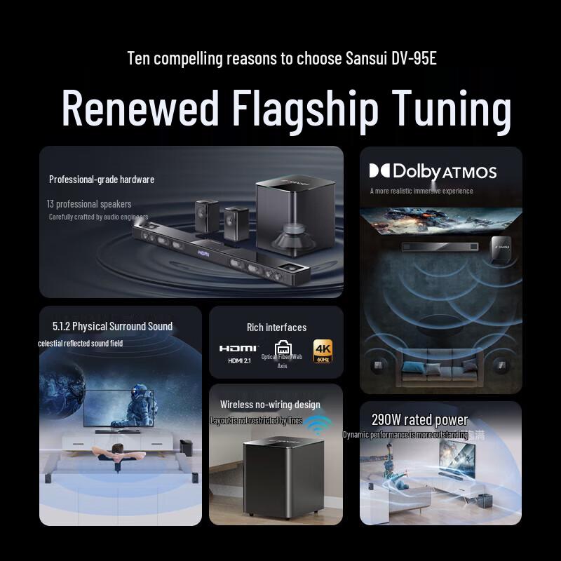 SANSUI DV-95E 5.1.2 Dolby Atmos Soundbar Home KTV System
