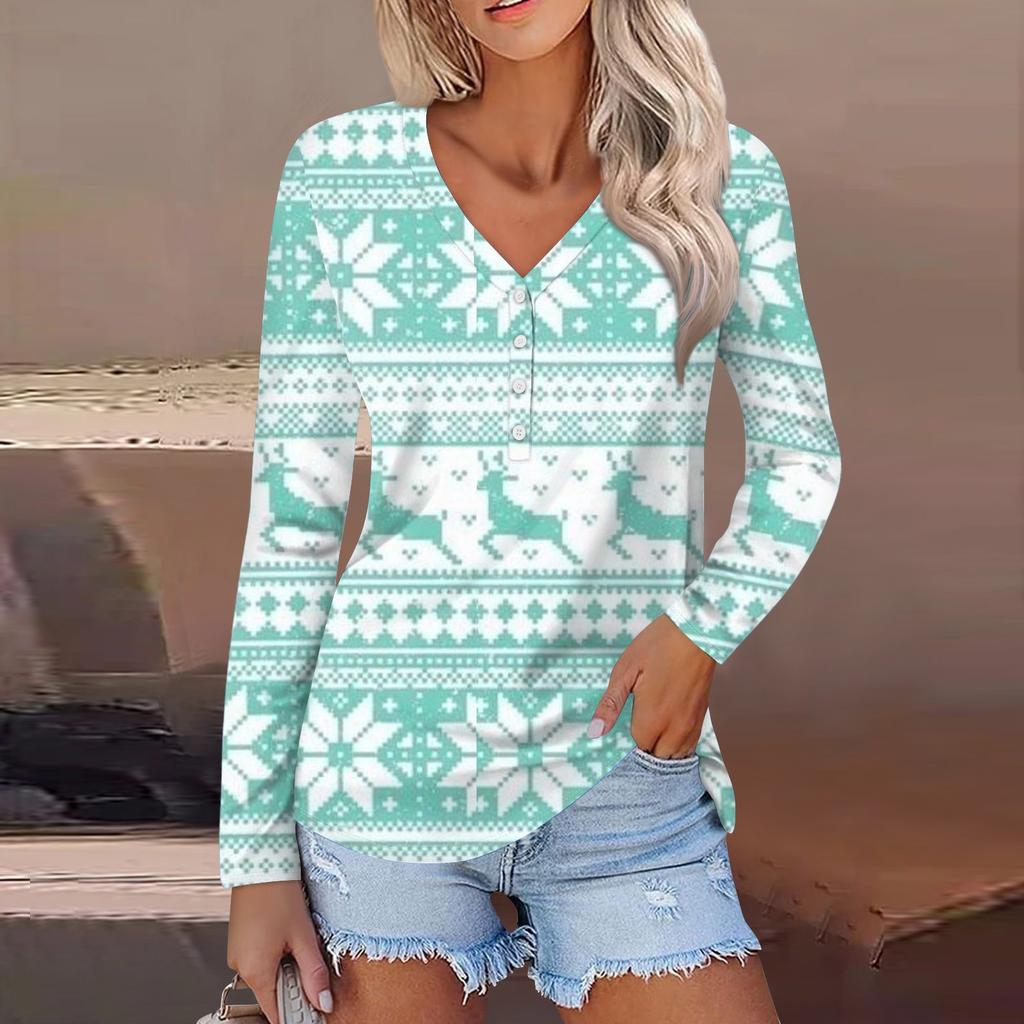 Women's Casual Fashion Sexy Comfort Christmas Printed V-Neck Button Long Sleeve