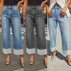 Jeans Stretch Straight Pants Pockets High Waist Retro Distressed Denim Ankle Long Trousers Casual Jeans