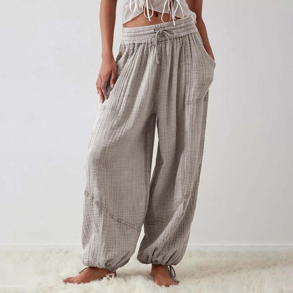 Женские модные свободные однотонные повседневные брюки с эластичной резинкой на талии и карманами