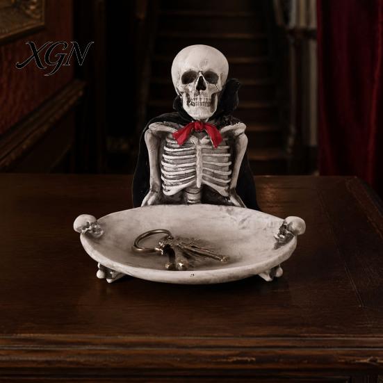 Halloween Party Supplies Skeleton Decorative Tray, Gothic Storage Tray with Black Cape Red Desktop Jewelry Organizer Bow, Multifunctional for