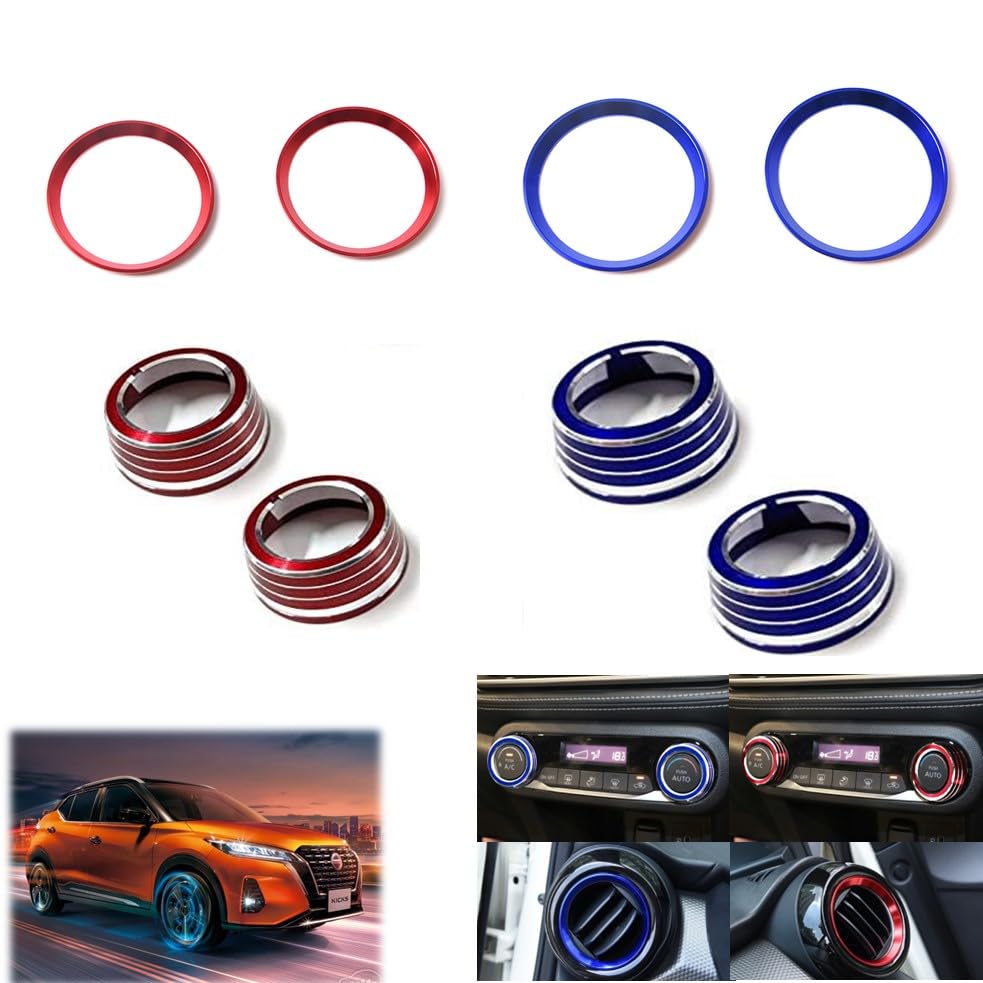 Nissan Kicks Exclusive Air Conditioner Dial Ring Interior 3M Tape Unimbi Covers, 4-Piece Set, Red/Blue, High-Quality Aluminum, Dress-Up (Red),