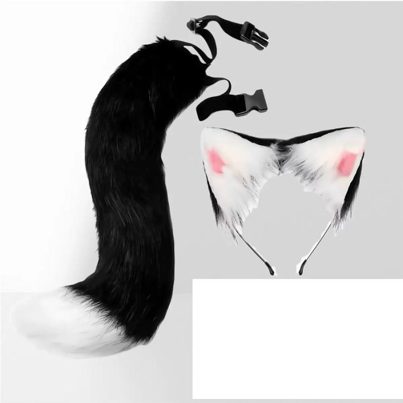 Cosplay Furry Ear Headband Tail Set With Bell Collar Anime Fans Adult Costume Accessories