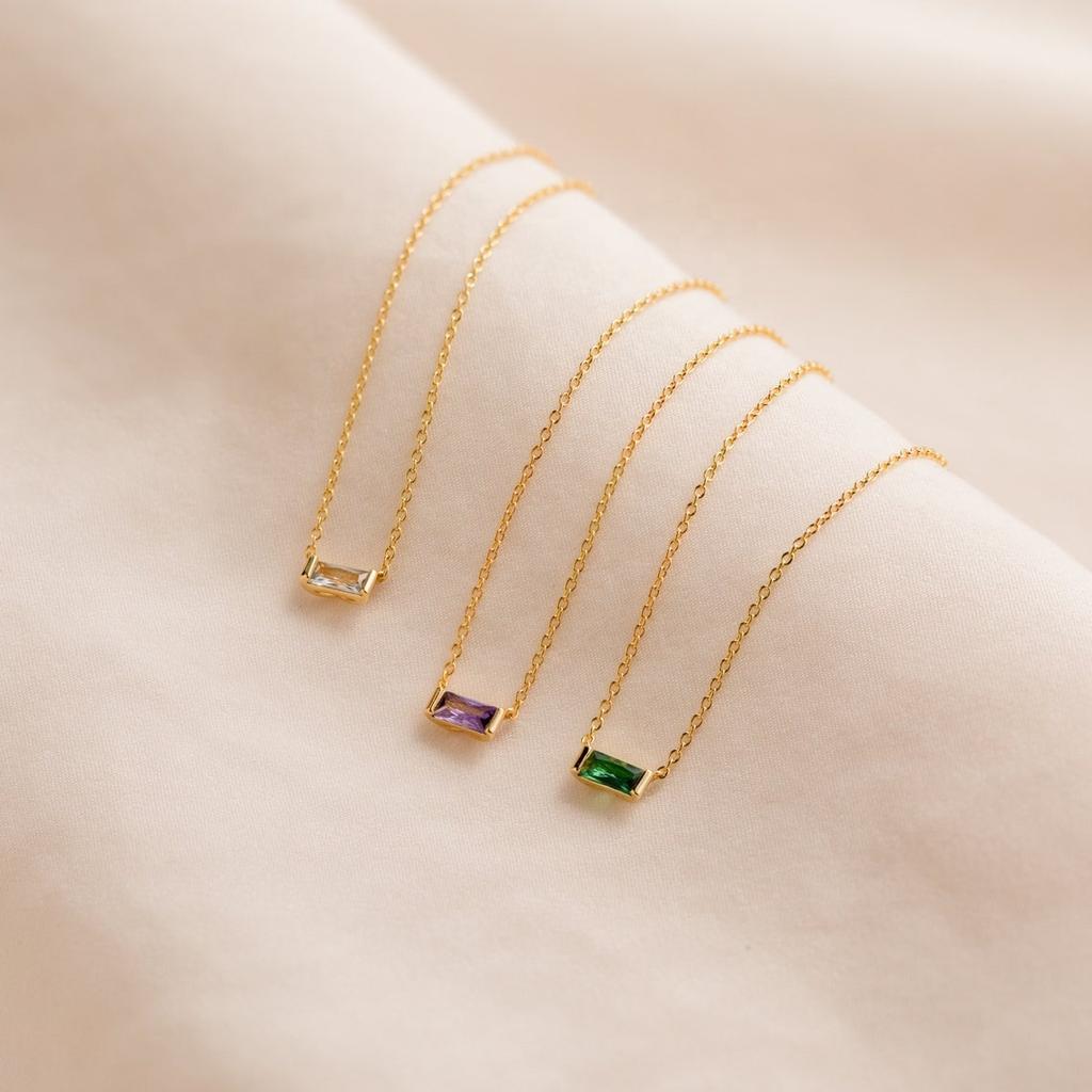 Hot Sale Bijoux Minimalist Baguette square Birthstone Necklace 925 Sterling Silver Gold Plated Zircon Necklace Jewelry