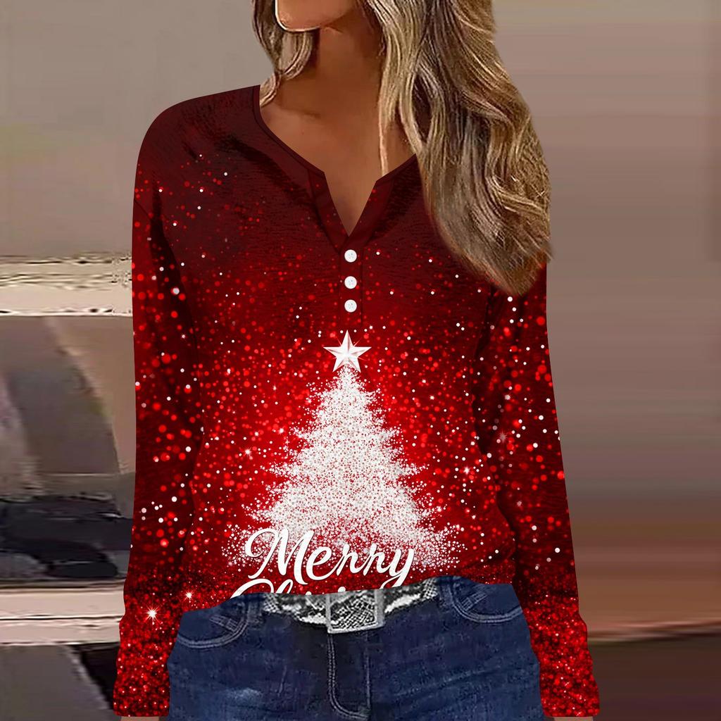 Женская футболка с пуговицами и рождественским принтом, длинный рукав, повседневная, выходного дня, модная, базовая, с V-образным вырезом, обычная
