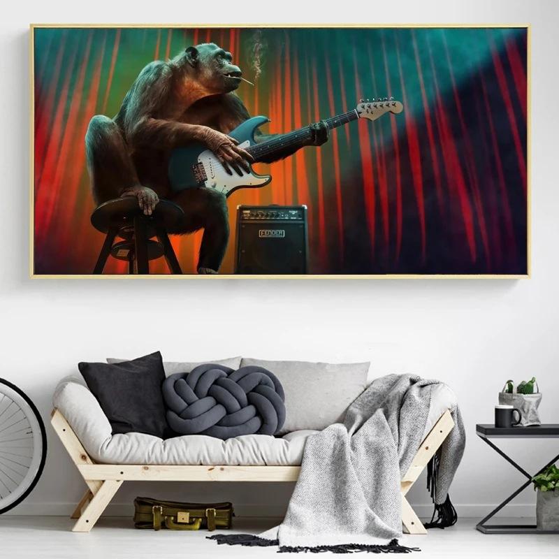 Забавная певица обезьяна играет на гитаре холст искусство живопись крутой постер и принты обезьяна животное картина декор для дома комнаты стены