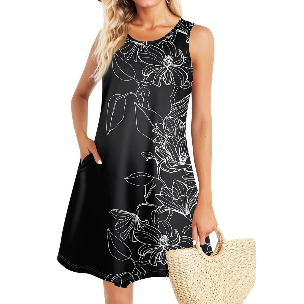Summer Dresses For Women Beach Boho Sleeveless Printing Flowy Pocket Tshirt Tank Sundresses
