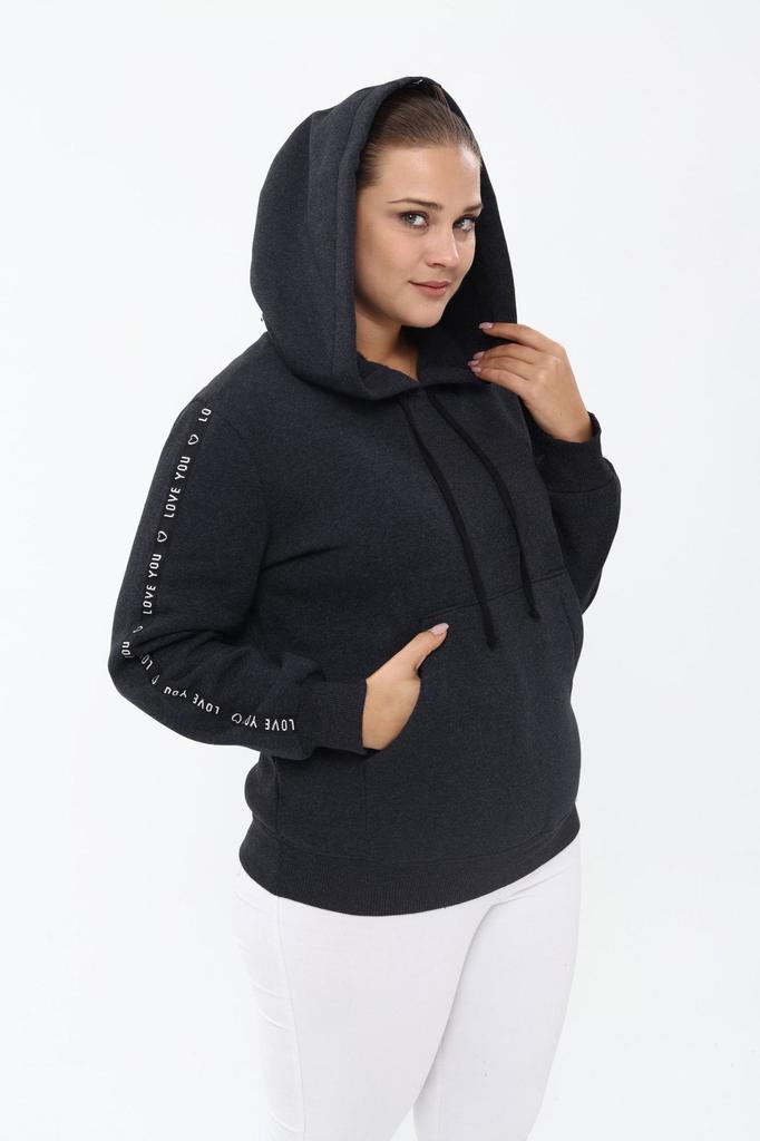 Women's Style Big Size Sweatshirt Pianoluce Large Size Striped Pocket Hooded Sweatshirt Anthracite