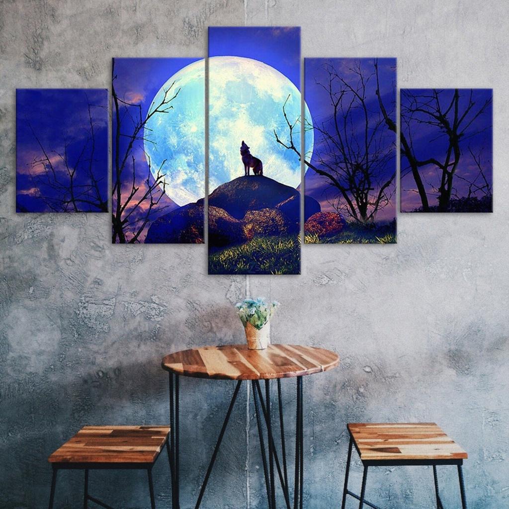 Full Moon Night Forest Animal Wolf 5 Piece Five Panel Wall Canvas Print Modern Poster Pictures Home Decor Gift For Him For Her