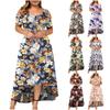 Винтажное платье с открытыми плечами для женщин с цветочным принтом, круглым вырезом и коротким рукавом, длинное платье, повседневное модное платье для работы и отдыха, дышащее тонкое платье большого размера