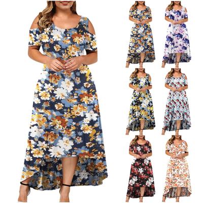 Винтажное платье с открытыми плечами для женщин с цветочным принтом, круглым вырезом и коротким рукавом, длинное платье, повседневное модное платье для работы и отдыха, дышащее тонкое платье большого размера