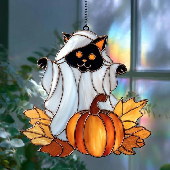 Хэллоуин Призрак Ловец солнца Красочный узор Собака/Кошка Подвесное украшение на окно с тыквой 2D акриловый ловец солнца для декора на Хэллоуин Любителям кошек