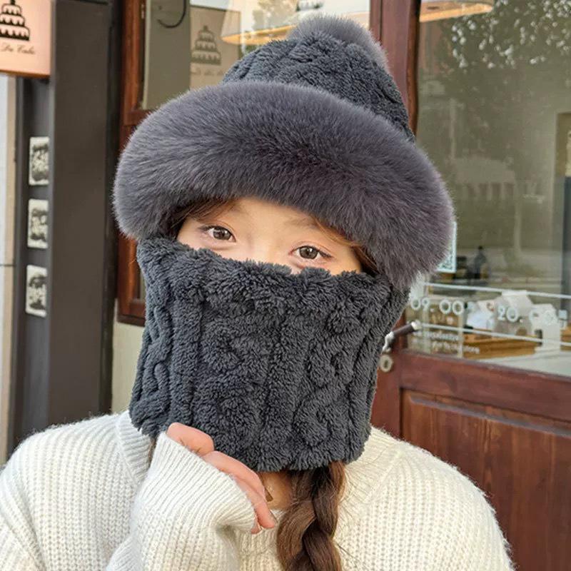 Women's Autumn & Winter Plush Thickened Integrated Hat & Scarf for Cycling - Windproof, Coldproof, Electric Car Pullover Hat.
