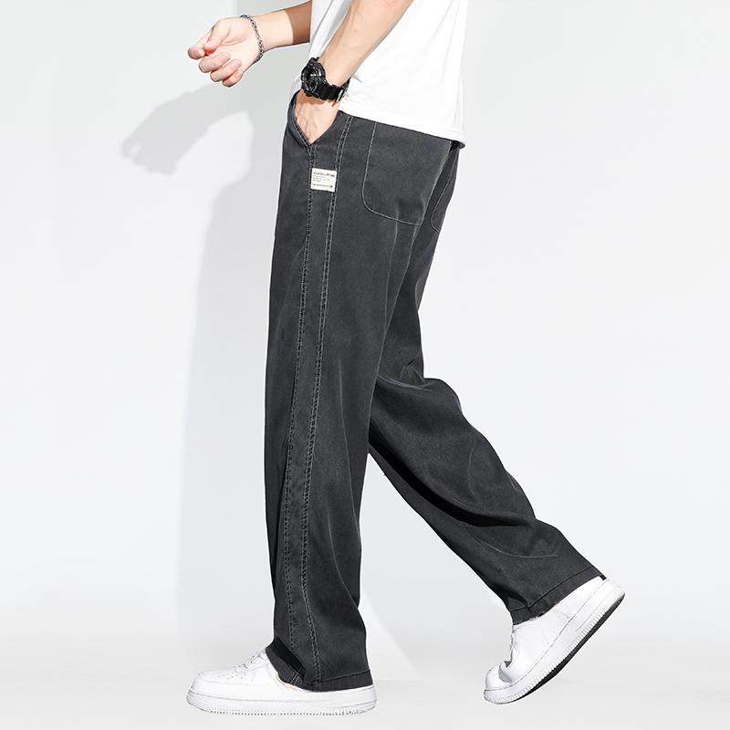 Летние тонкие свободные широкие мужские джинсы из мягкого лиоцелла, эластичные модные повседневные прямые джинсовые брюки с завязками, черные, синие, серые
