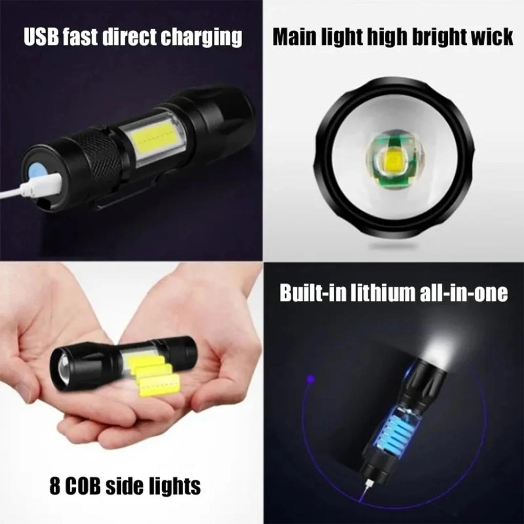 1-10PCS LED Strong Light Telescopic Zoom Flashlight COB Portable Side Light USB Rechargeable Outdoor Household Mini Flashlight
